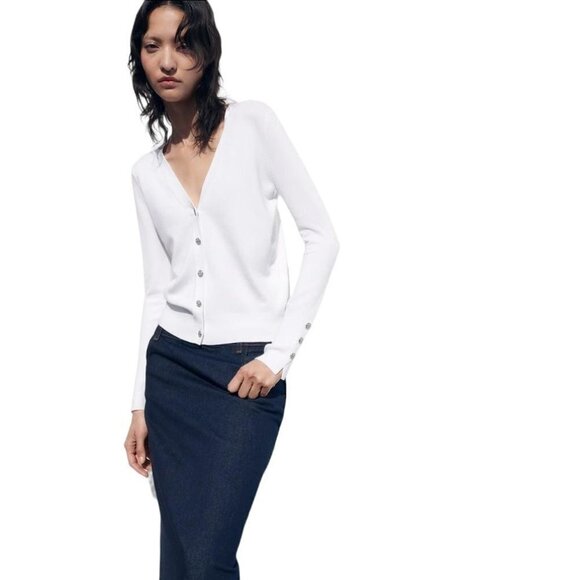 ZARA KNIT CARDIGAN WITH GEM BUTTON WHITE SIZE M | 0506/012 - Picture 4 of 4